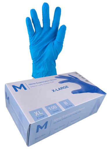 Nitrile Examination Gloves Powder Free - Blue, XL, 240mm Cuff, 5.0g (100 in Box)