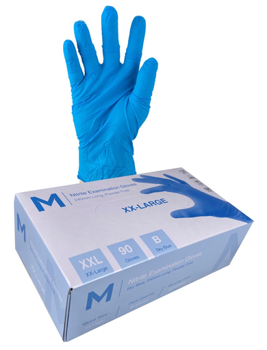 Nitrile Examination Gloves Powder Free - Blue, 2XL, 240mm Cuff, 5.0g (90 in Box)