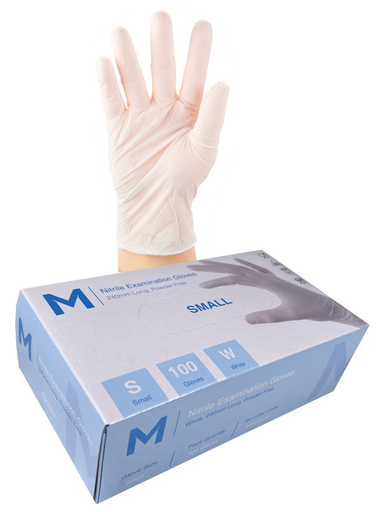 Nitrile Examination Gloves Powder Free - White, S, 240mm Cuff, 5.0g (100 in Box)