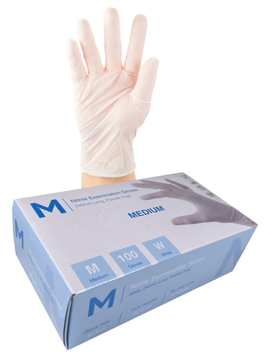 Nitrile Examination Gloves Powder Free - White, M, 240mm Cuff, 5.0g (100 in Box)