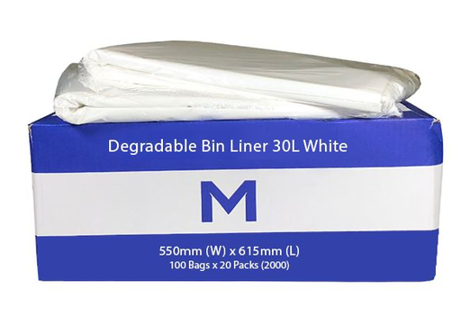 FP Degradable Bin Liner 30L - White, 550mm x 615mm x 11mu 100 Bags/Pack
