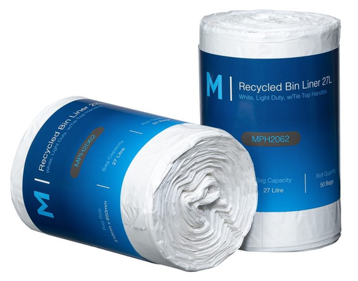 POR Recycled Bin Liner w/Handles 27L - White, 510mm x 650mm x 15mu 50 Bags/Roll