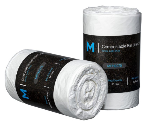 POR Compostable Bin Liner 36L - White, 580mm x 700mm x 15mu 50 Bags/Roll