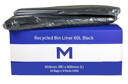Thick Recycled Bin Liner 60L - Black, 650mm x 900mm x 30mu 50 Rubbish Bags/pk