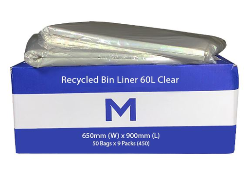 Thick Recycled Bin Liner 60L - Clear, 650mm x 900mm x 30mu 50 Rubbish Bags/pk