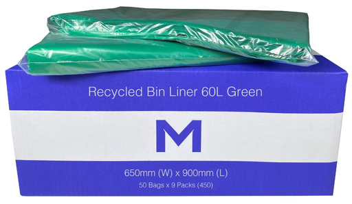 Thick Recycled Bin Liner 60L - Green, 650mm x 900mm x 30mu 50 Rubbish Bags/pk