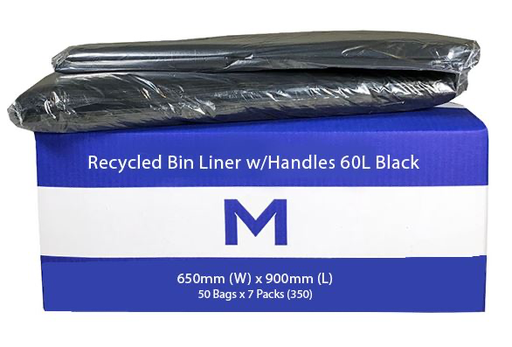 Thick Recycled Bin Liner 60L - Black, 650mm x 900mm x 30mu 50 Rubbish Bags/pk -"WITH HANDLES"