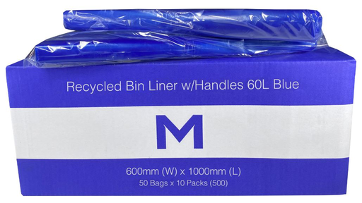 Thick Recycled Bin Liner 60L - Blue, 600mm x 1000mm x 30mu 50 Rubbish Bags/pk -" WITH HANDLES"