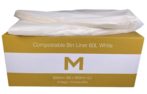 Thick Compostable Bin Liner 60L - White, 650mm x 900mm x 30mu 25 Rubbish Bags/pk