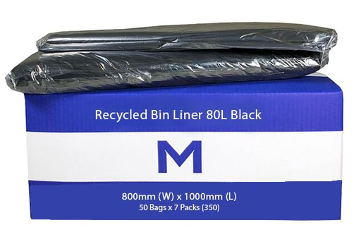 Thick Recycled Bin Liner 80L - Black, 800mm x 1000mm x 30mu 50 Rubbish Bags/pk