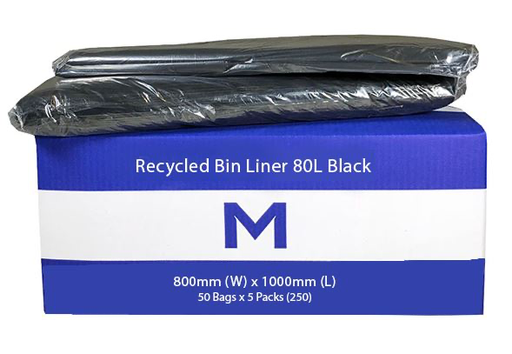 Extra Thick Recycled Bin Liner 80L - Black, 800mm x 1000mm x 40mu 50 Bags/pk