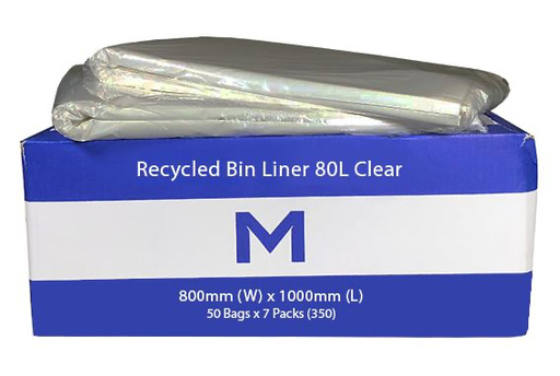Thick Recycled Bin Liner 80L - Clear, 800mm x 1000mm x 30mu 50 Bags/pk