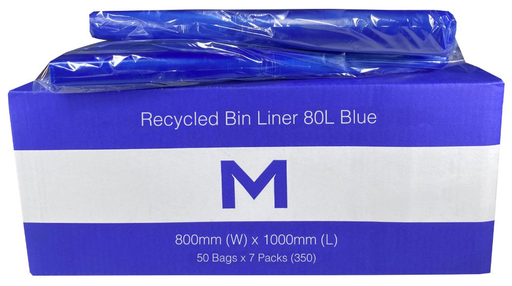 Thick Recycled Bin Liner 80L - Blue, 800mm x 1000mm x 30mu 50 Bags/pk