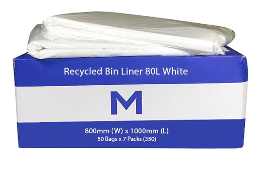Thick Recycled Bin Liner 80L - White, 800mm x 1000mm x 30mu 50 Bags/pk