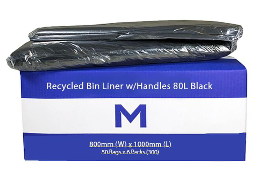 Thick Recycled Bin Liner 80L - Black, 800mm x 1000mm x 30mu 50 Bags/pk -"WITH HANDLES" 