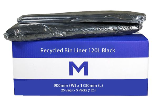 FP Recycled Bin Liner 120L - Black, 900mm x 1330mm x 50mu 25 Bags/Pack