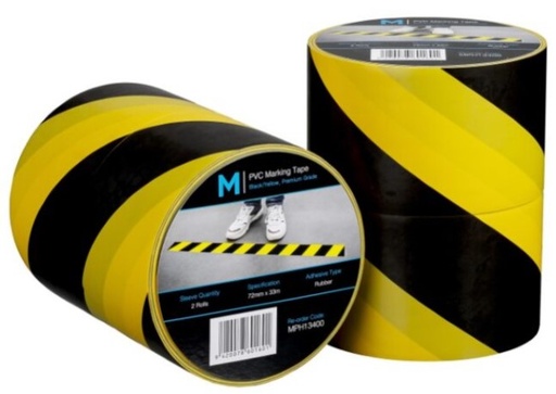 PVC Floor Marking Tape - Yellow/Black, 72mm x 33m x 150mu