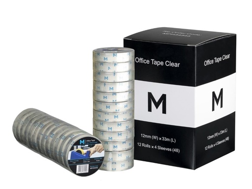 Acrylic Office Tape - Clear, 12mm x 33m x 45mu, 25.4mm Core *Small Core