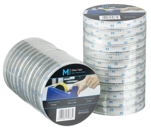 Acrylic Office Tape - Clear, 12mm x 66m x 45mu, 76.2mm Core *Large Core