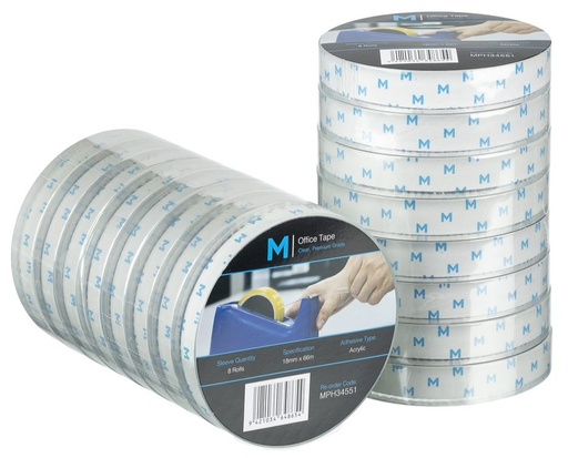 Acrylic Office Tape - Clear, 18mm x 66m x 45mu, 76.2mm Core *Large Core
