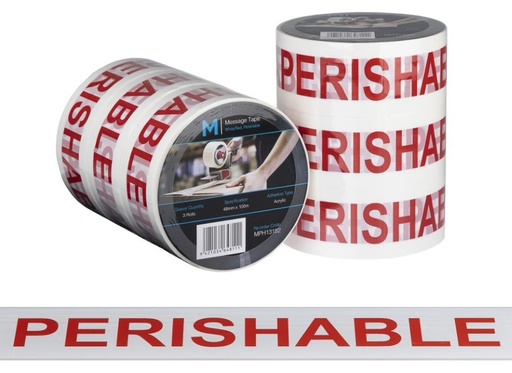 Message Tape Perishable - White/Red, 48mm x 100m x 50mu