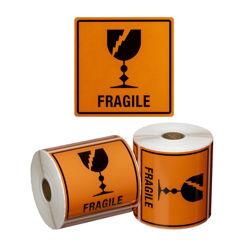 Handling Label Fragile - Orange/Black, 99mm x 99mm 500 Labels/Roll
