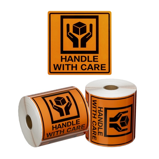Handling Label Handle With Care - Orange/Black, 99mm x 99mm 500 Labels/Roll