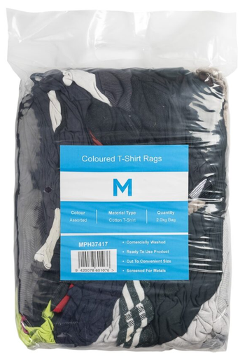 Coloured T-Shirt Rags - Assorted, 2.0kg Compressed Bag *A Grade Quality         