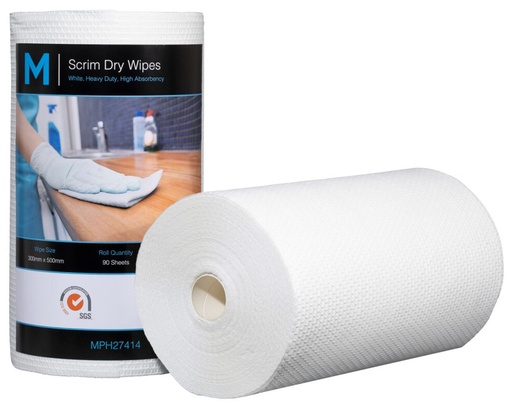 Scrim Hexagonal Dry Wipes - White, 300mm x 500mm, 90 Sheets, 80gsm