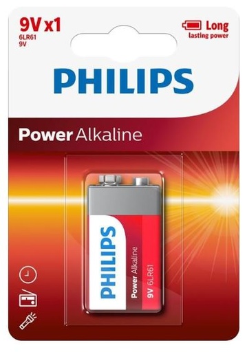 Philips Power Alkaline Battery - Red, 9V Size (1)   