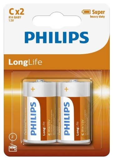Philips Long Life Battery - Orange, C Size (2)    