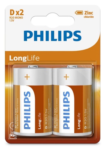 Philips Long Life Battery - Orange, D Size (2)    