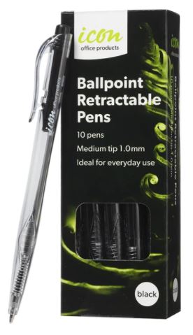 Icon Ball Point Pen - Black, Medium 1.0mm Tip 10 Pens                          