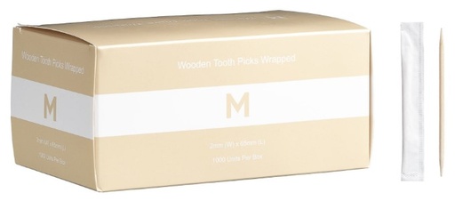 Wooden Tooth Picks Wrapped - Natural, 2mm x 65mm Long, FSC 100%® 1000/Pack