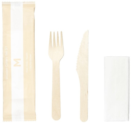 [MPH38121] Wooden Cutlery Set 3/1 - Natural, Fork/Knife/Napkin, FSC 100%® 50 Sets