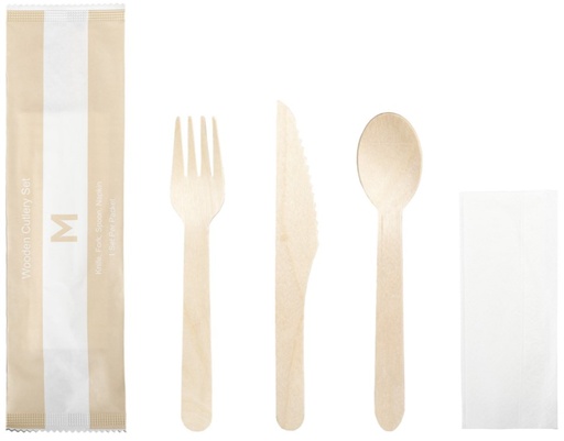 [MPH38122] Wooden Cutlery Set 4/1 - Natural, Fork/Knife/Spoon/Napkin, FSC 100%® 50 Sets