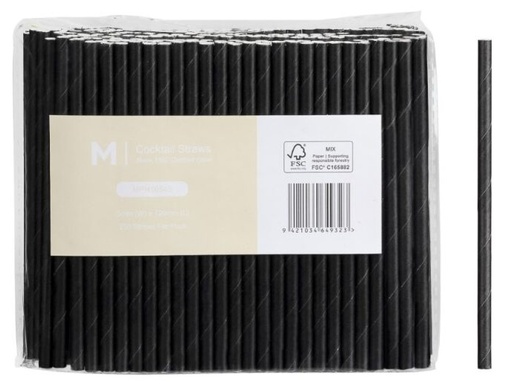 Paper Cocktail Straight Straws - Black, 5mm x 120mm, 300gsm, FSC Mix® 250 Straws/Pack