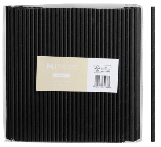 Paper Regular Straight Straws - Black, 6mm x 200mm, 300gsm, FSC Mix® 250 Straws/Pack
