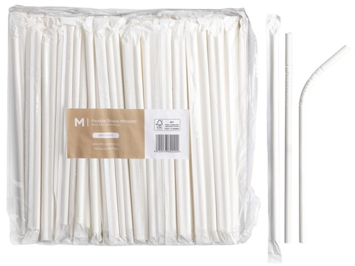 Paper Flexible Straws Wrapped - White, 6mm x 200mm, 300gsm, FSC Mix® 250 Straws/Pack