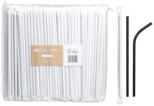 Paper Flexible Straws Wrapped - Black, 6mm x 200mm, 300gsm, FSC Mix® 250 Straws/Pack