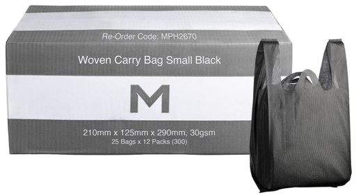 Woven Carry Bag Small - Black, 210mm x 125mm x 290mm, 30gsm 25 Bags/Pack