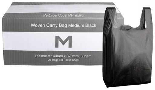 Woven Carry Bag Medium - Black, 255mm x 140mm x 370mm, 30gsm 25 Bags/Pack