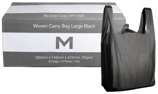 Woven Carry Bag Large - Black, 330mm x 145mm x 415mm, 30gsm 25 Bags/Pack