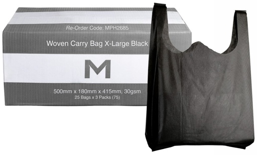 Woven Carry Bag X-Large - Black, 500mm x 180mm x 415mm, 30gsm 25 Bags/Pack