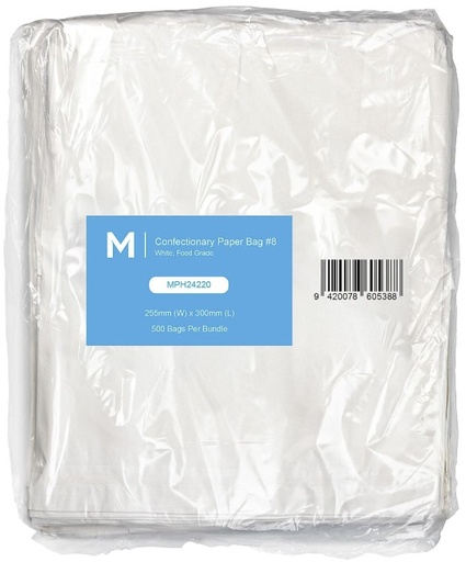 [MPH24220] Confectionery Paper Bag #8 - White, 255mm x 300mm, 40gsm 500 Bags/Pack