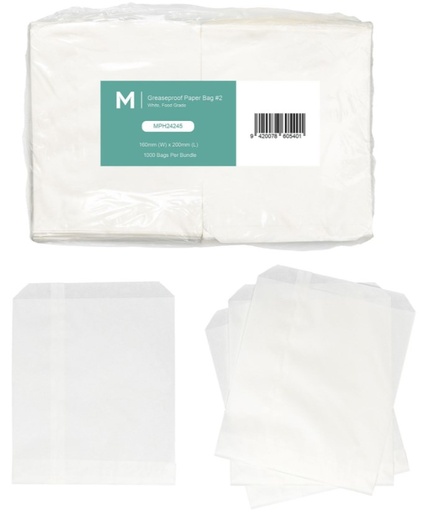 [MPH24240] Greaseproof Paper Bags #1 - White, 140mm x 170mm, 40gsm 1000 Bags/Pack