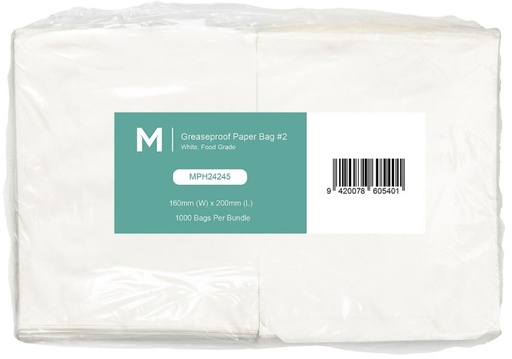 [MPH24245] Greaseproof Paper Bags #2 - White, 160mm x 200mm, 40gsm 1000 Bags/Pack