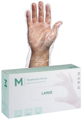 Polyethylene Gloves - Clear, L-XL, 240mm Cuff, 1.0g 500 Gloves/Pack