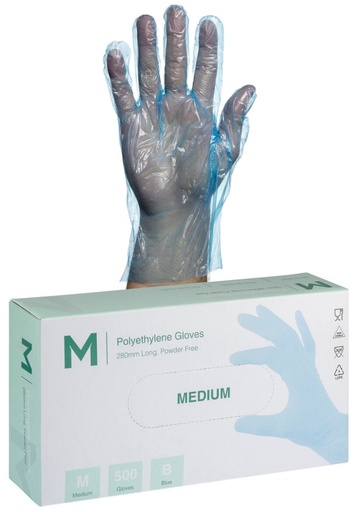 Polyethylene Gloves - Blue, S-M, 240mm Cuff, 1.0g 500 Gloves/Pack