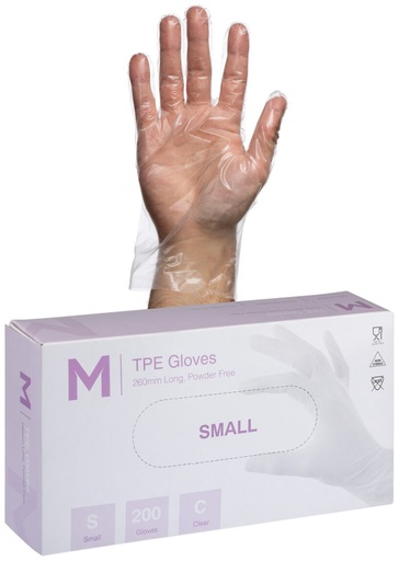 TPE Embossed Gloves Powder Free - Clear, S, 240mm Cuff, 2.0g 200 Gloves/Pack